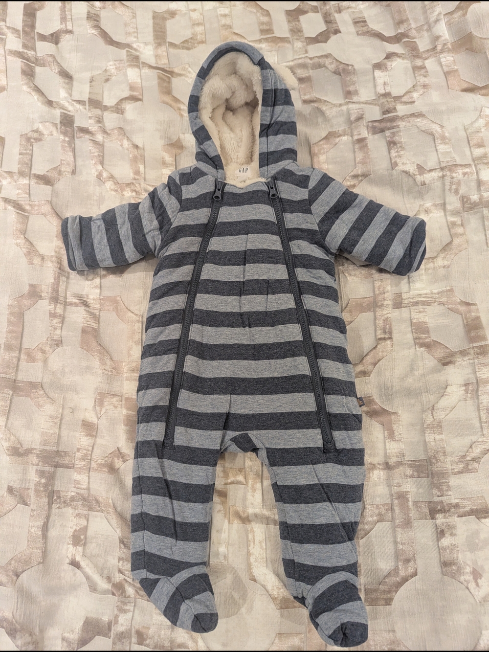 GAP Blue/Gray Striped Hooded Sherpa Footed One-Piece
